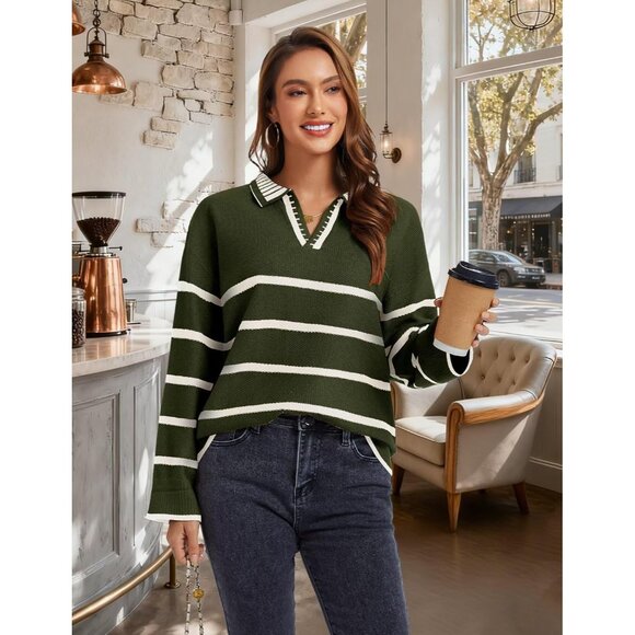 Women’s Army Green Fall Polo Sweater Striped V Neck Long Sleeve Pullover - Picture 6 of 6